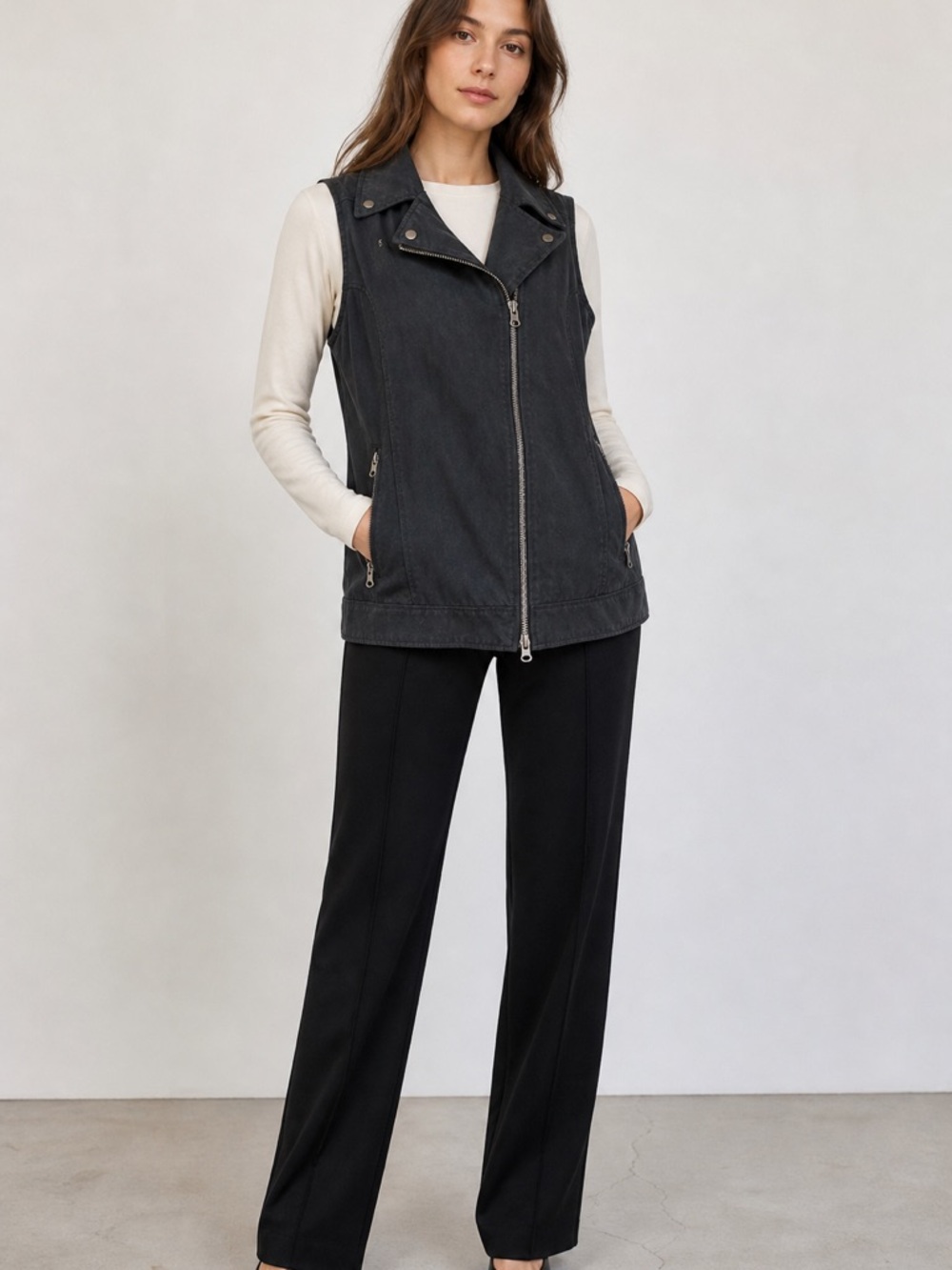 Club Monaco Black Moto Vest Sleeveless Zip Front Jacket Size M